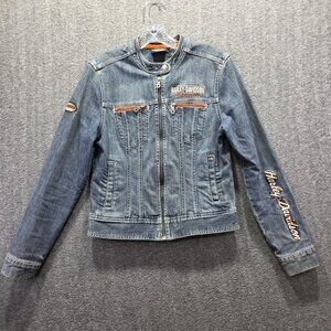 Harley Davidson Jacket Womens Medium Blue Denim Embroidered Motorcycle Jean